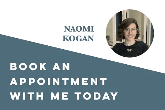Promotional graphic featuring "naomi kogan" with an invitation to "book an appointment with me today", includes a photo of a smiling woman with glasses in a circular frame.