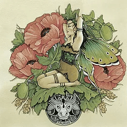 Artistic illustration of a taurus zodiac sign, featuring a female figure surrounded by poppy flowers and lush greenery, with a butterfly wing and a taurus symbol below.