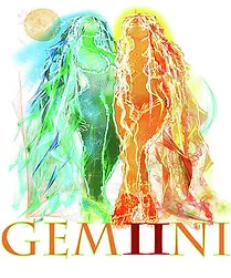 Colorful artistic representation of the gemini zodiac sign featuring two ethereal figures in blue and red hues with a white moon in the background.