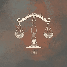 Illustration of a libra zodiac sign featuring a balanced scale design in a classic style on a textured copper background.