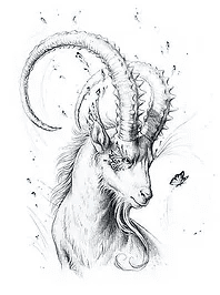 Illustration of a mythical goat with long, twisted horns and delicate facial features, adorned with subtle blue markings and a butterfly near its face. black and white sketch with artistic splatters.