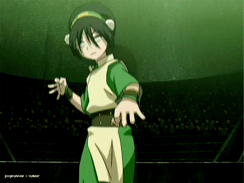Animated image of toph from "avatar: the last airbender" dressed in her earthbending outfit, performing a earthbending move in an arena.