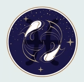 A stylized graphic of two fish forming the pisces zodiac sign in a circular dark blue background dotted with stars, framed by a golden circle.