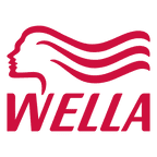 Logo of wella, featuring a stylized profile of a woman's face with flowing hair in red, above the brand name in bold red letters.
