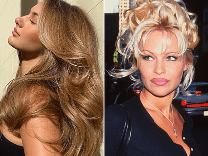 Two side-by-side images of women showing their hairstyles. on the left, a woman with long, wavy brown hair; on the right, a woman with voluminous, styled blonde hair.