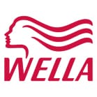 Logo of wella featuring a stylized profile of a woman with flowing hair in red, positioned above the brand name "wella" in bold, red capital letters.