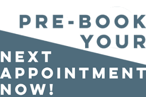 Logo and text on a dark gray background promoting, "pre-book your next appointment now!" with emphasis on easy future bookings.
