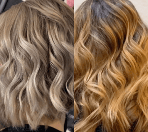 Two side-by-side images displaying different hair color styles: the left shows ash blonde highlighted curls, while the right features warm caramel highlighted waves.