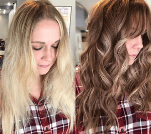 Before and after photos of a woman's hair transformation, from long, straight blonde hair to wavy, voluminous light brown hair with highlights.