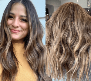 A young woman with long, wavy brown hair highlights in a mustard-yellow top smiles in the left photo. the right photo shows the back of her head with detailed hair texture.