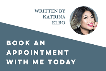 Image of an asian woman smiling, placed beside text "book an appointment with me today" in a stylish diagonal layout with white and turquoise background.