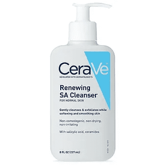 A bottle of cerave renewing sa cleanser with a pump, labeled for normal skin, featuring salicylic acid and ceramides, designed to cleanse and exfoliate.