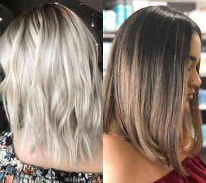 Two side-by-side images highlighting different hairstyles. the left shows a blonde balayage bob with waves, and the right features a woman with a brunette balayage lob, styled straight.