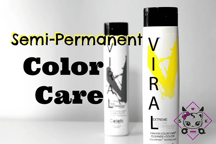 Two semi-permanent hair color bottles on a white surface, one labeled 'celeb' with an abstract black design, and the other 'vira' with a yellow splash design, both advertised as color care products.