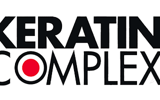 Logo of keratin complex featuring stylized black text and a red circle between the words "keratin" and "complex.