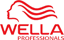 Logo of wella professionals featuring a stylized silhouette of a woman with flowing hair in red and pink stripes, alongside the brand name in bold red lettering.